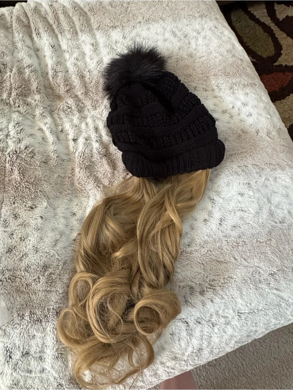 Never Worn Black Pom Pom Beanie with Blonde Clip-In Wavy Hair